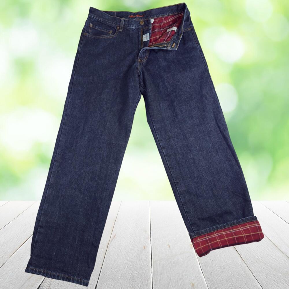 Vtg EDDIE BAUER Flannel Lined Jeans Premium Denim Relaxed Fit Dark Wash 34x32